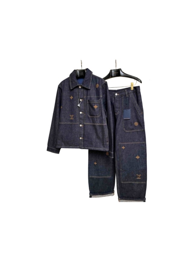 1:1 quality version Letter Four Leaf Flower Gold Thread Embroidery Lapel Denim Jacket & Jeans Set 29554228