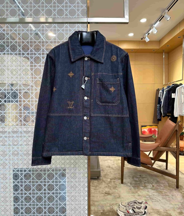 1:1 quality version Letter Four Leaf Flower Gold Thread Embroidery Lapel Denim Jacket & Jeans Set 29554228