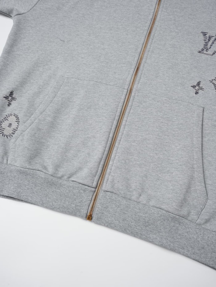 Letter Floral Embroidery Terry Knit Zip Up Hoodie 29554202