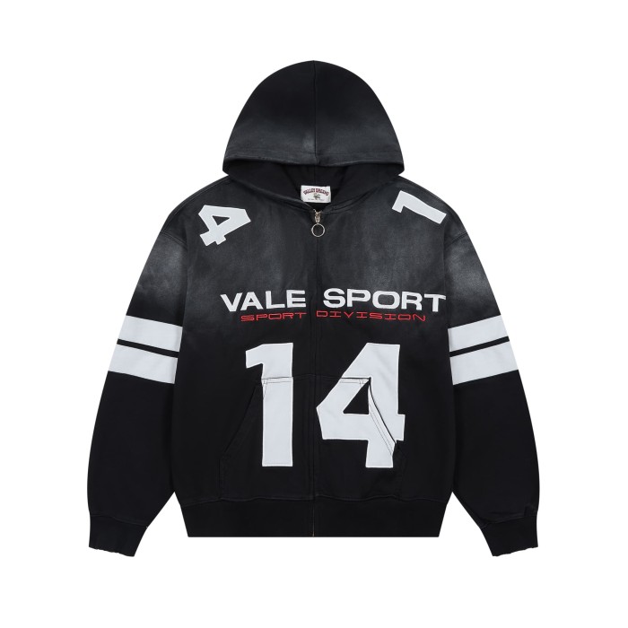 Washed Sport Slogan Number 14 Stripe Sleeve Full Zip Hoodie 29557261