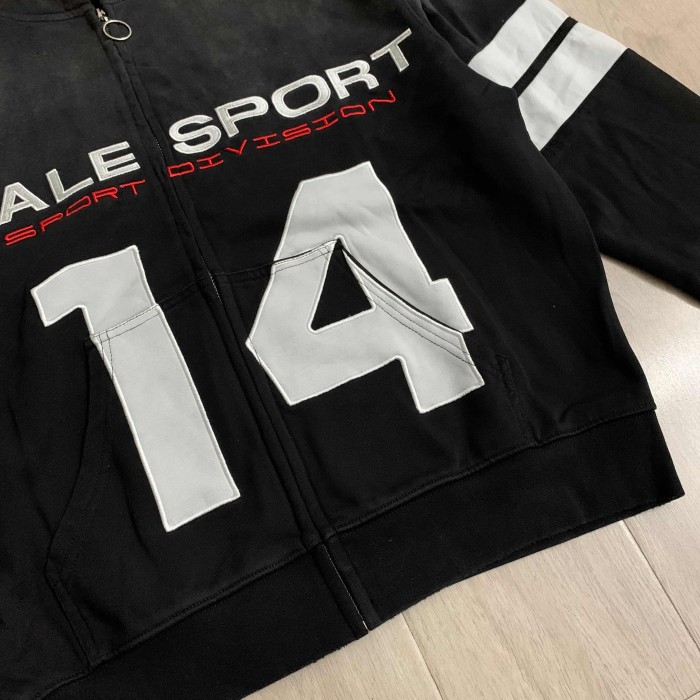 Washed Sport Slogan Number 14 Stripe Sleeve Full Zip Hoodie 29557261