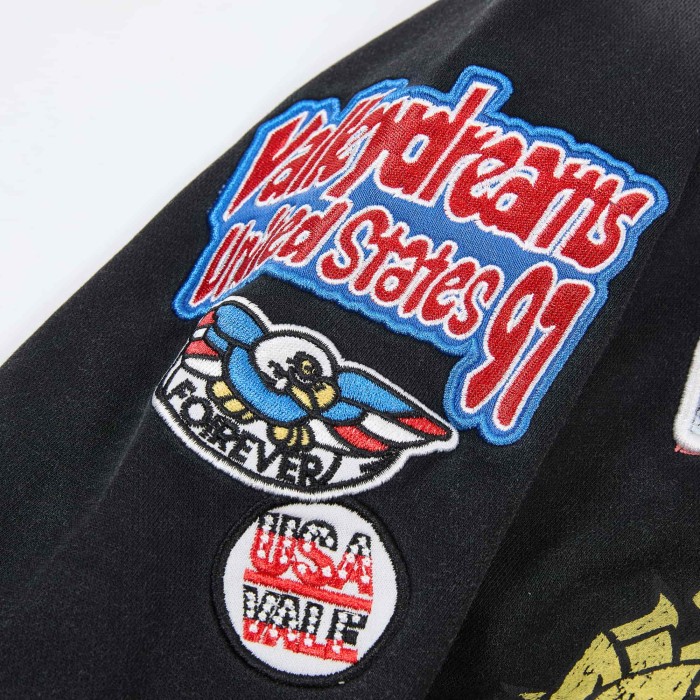 Black Red Split Wash Vintage Front Shield Badge Full Zip Hoodie 29557257
