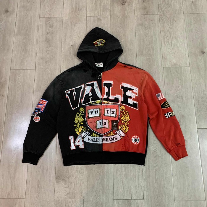 Black Red Split Wash Vintage Front Shield Badge Full Zip Hoodie 29557257