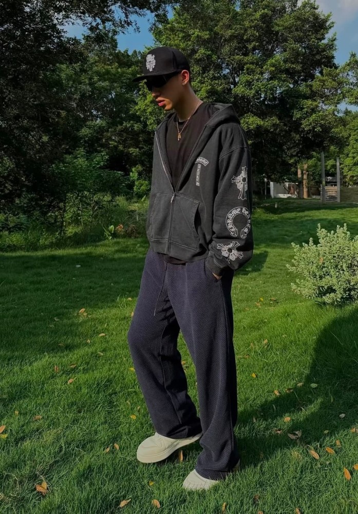 1:1 quality version Washed Vintage Chest Logo Cross Horseshoe Sleeve Print Full Zip Hoodie 29563690