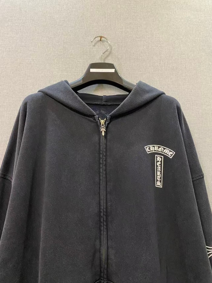 1:1 quality version Washed Vintage Chest Logo Cross Horseshoe Sleeve Print Full Zip Hoodie 29563690