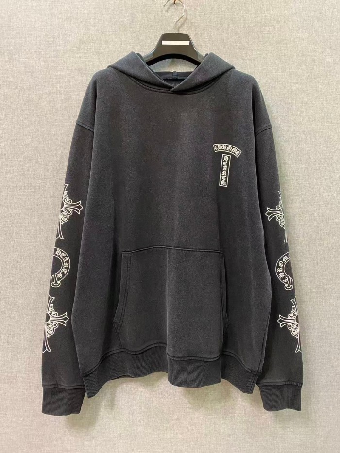 1:1 quality version Washed Vintage Chest Logo Cross Horseshoe Sleeve Print Hoodie 29563712