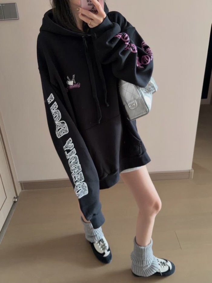 1:1 quality version Chest Pin Up Print Back Cross Floral Graphic Mismatched Sleeve Letter Hoodie 29563765