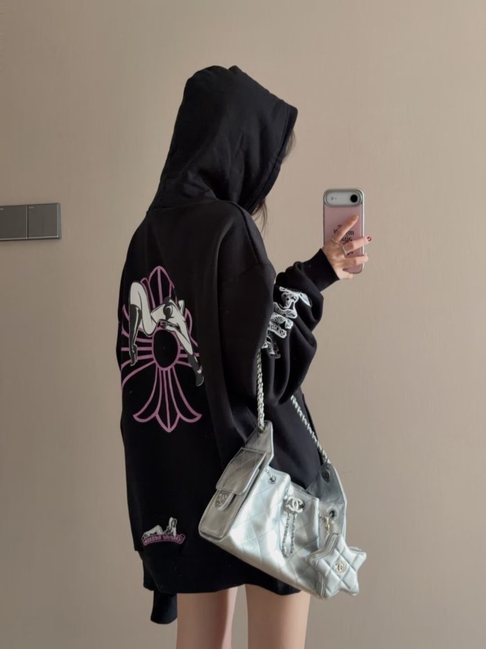 1:1 quality version Chest Pin Up Print Back Cross Floral Graphic Mismatched Sleeve Letter Hoodie 29563765