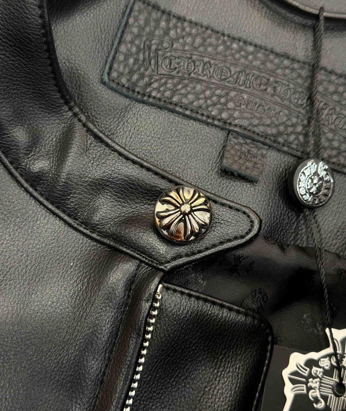 1:1 quality version Sleeve Sword Embroidery Crew Neck Biker Leather Jacket 29567795