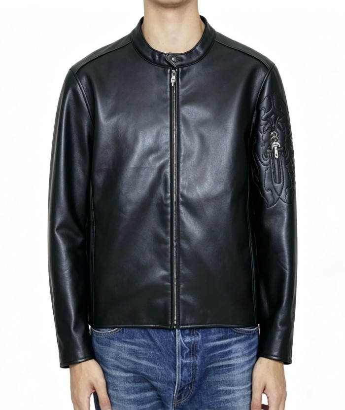 1:1 quality version Sleeve Sword Embroidery Crew Neck Biker Leather Jacket 29567795