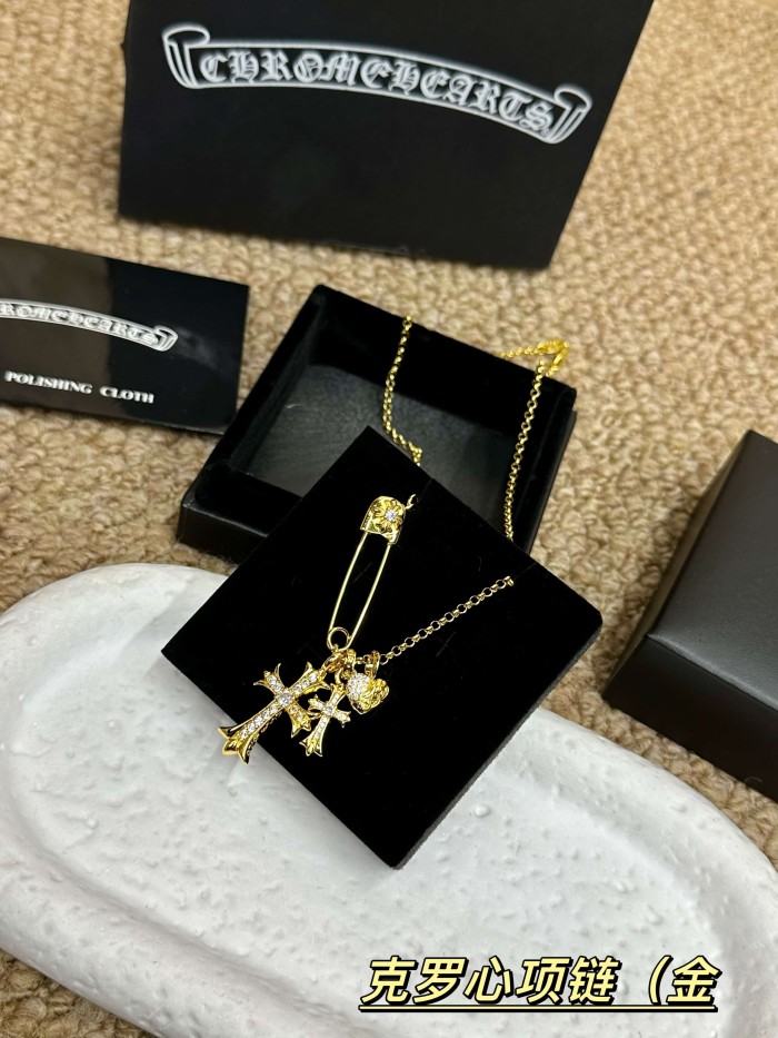 Safety Pin Inlaid Zircon Double Cross Pendant Gold Plated Necklace 29569609