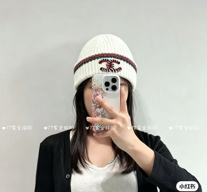 1:1 quality version Houndstooth Letter Embroidery Striped Trim Ribbed Beanie  2 colors 29569871