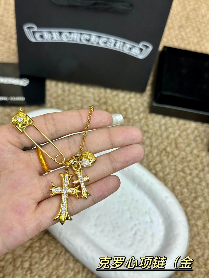 Safety Pin Inlaid Zircon Double Cross Pendant Gold Plated Necklace 29569609