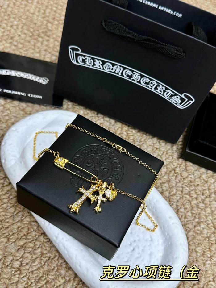 Safety Pin Inlaid Zircon Double Cross Pendant Gold Plated Necklace 29569609