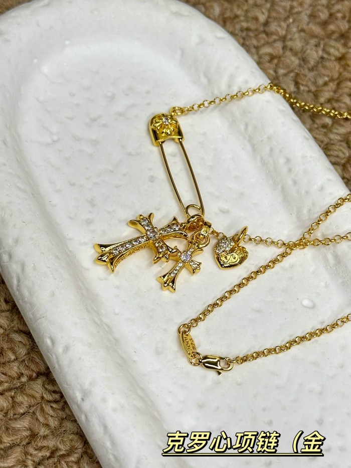 Safety Pin Inlaid Zircon Double Cross Pendant Gold Plated Necklace 29569609