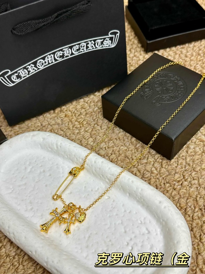 Safety Pin Inlaid Zircon Double Cross Pendant Gold Plated Necklace 29569609