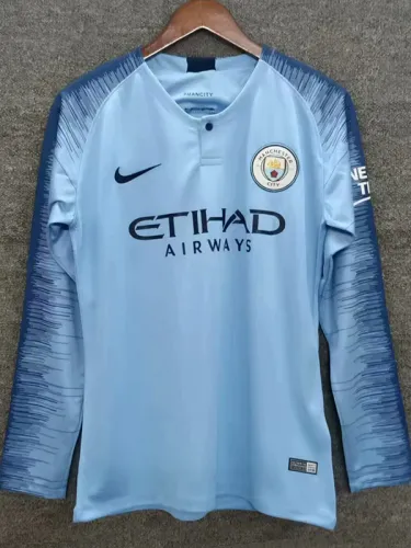 2018-2019 Man City Home Long Sleeve Retro Soccer Jersey