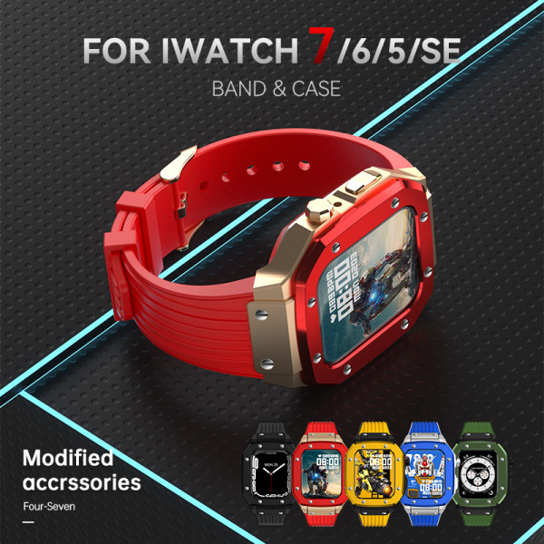 Luxury Modification Case Band for Apple Watch Series 7 6 5 4 44mm 45mm Men Rugged Case Silicone Sport Band for iWatch 6/5/4 SE