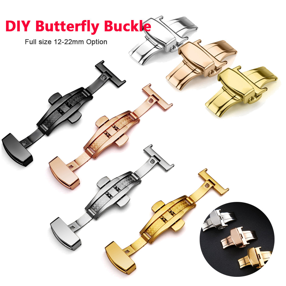Universal 12 14 16 18 20 22mm Butterfly Buckle Mod kit Accessories 316 Stainless Steel Double Push Button Fold Watch Replacement