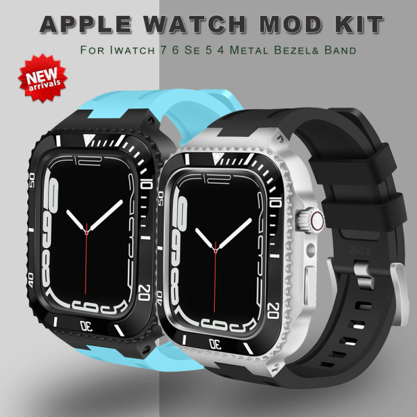 Modification Kit For Apple Watch 7 6 5 4 3 SE Metal Bezel Frame Rubber WatchBand For iWatch Refit Case Band 7 45mm 44mm 42mm