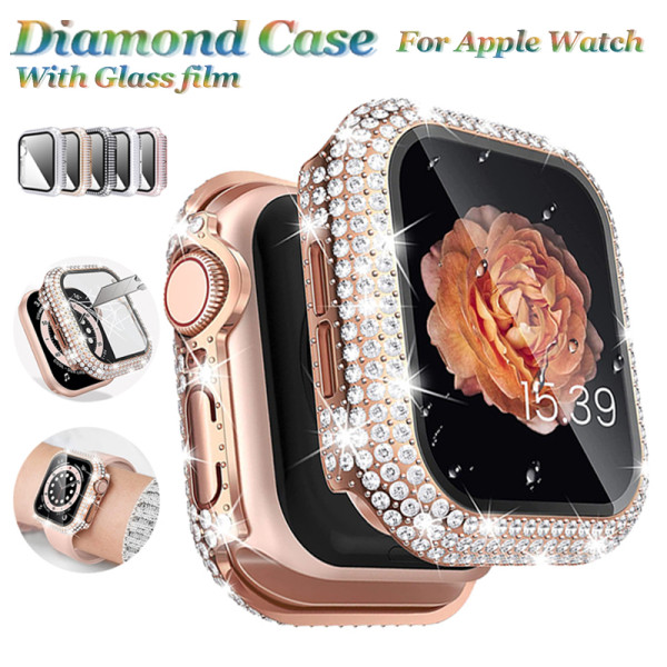 Watch Case+Tempered Glass for Apple Watch Cases 45mm 41mm 44mm 40mm Full Diamonds Bumper for IWatch Series 7 6 SE 5 4 3 2 Cover