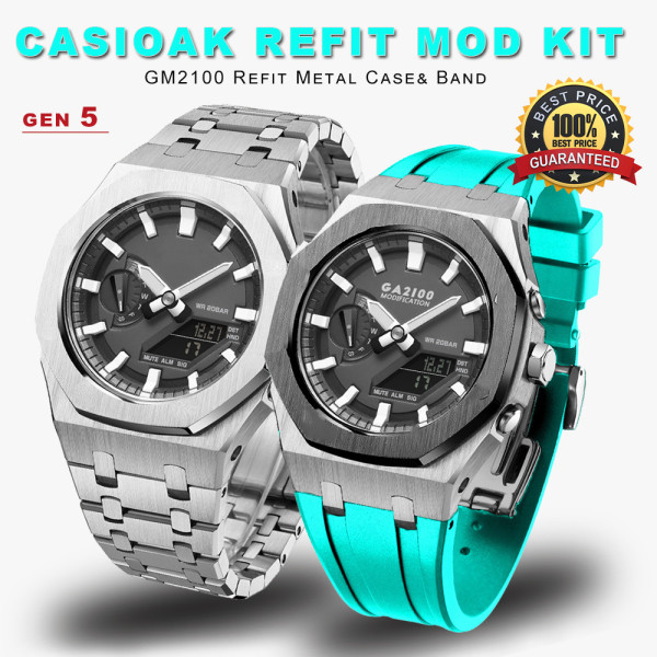 Casioak Mod Kit GM2100 Metal Bezel Case for G shock Modification Kit Rubber&Steel Set Watch Rubber Strap for GM2100 Metal Band