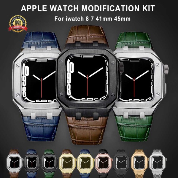 Luxury Stainless Steel Modification Mod Kit for Apple Watch 8 41mm Rubber Leather Watch Strap Case& Band for i Watch 7 45mm