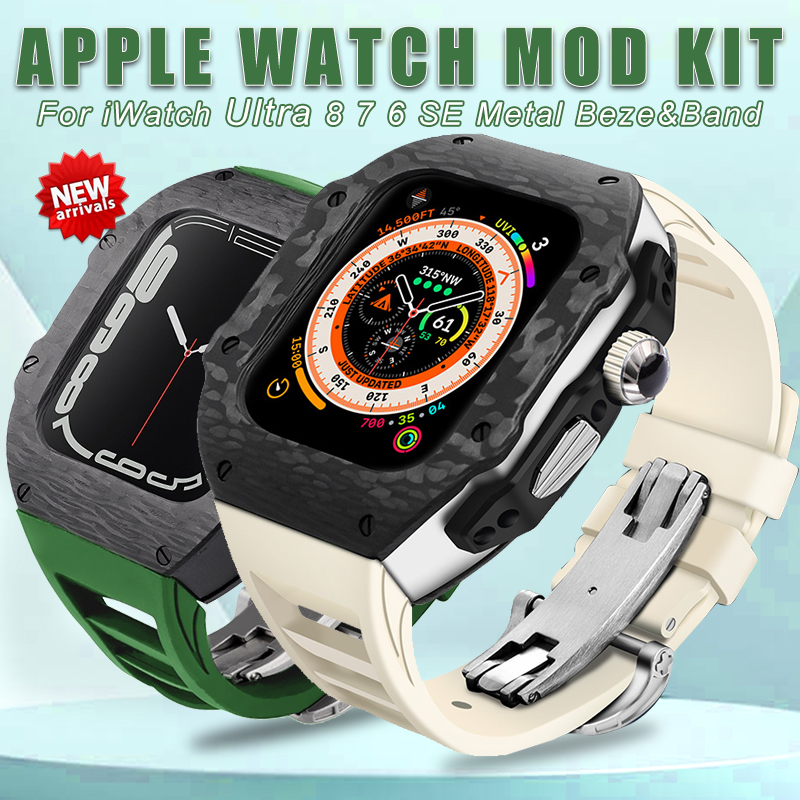 Luxury Modification Kit For Apple Watch Ultra 49mm Carbon Fiber Case For iWatch 8 7 6 5 4 SE 45mm 44mm Fluorine Rubber Band