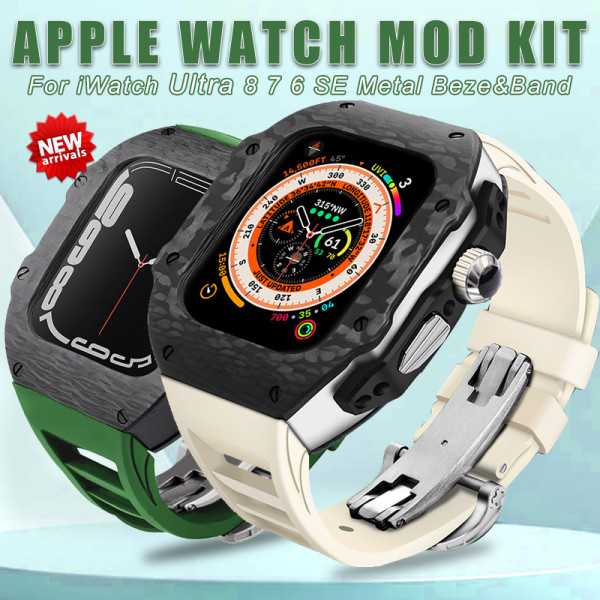 Luxury Modification Kit For Apple Watch Ultra 49mm Carbon Fiber Case For iWatch 8 7 6 5 4 SE 45mm 44mm Fluorine Rubber Band