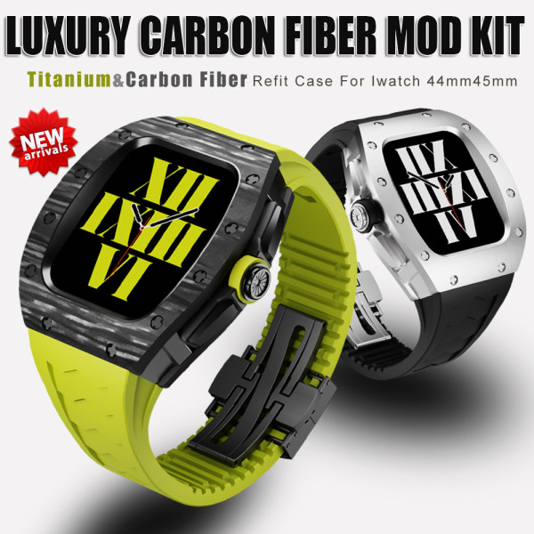 Luxury Carbon Fiber Case For Apple Watch 8 7 Titanium Modification Kit For iWatch Series 45mm 44mm Refit Metal Cover Rubber Band