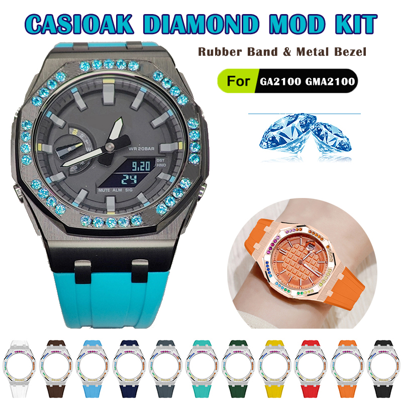 Luxury Diamond Modification Kit for Casioak GA2100 GA-2110 Stainless Steel Cover Rubber Band For GMAS2100 Metal Case Refit Set