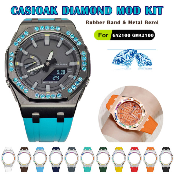 Luxury Diamond Modification Kit for Casioak GA2100 GA-2110 Stainless Steel Cover Rubber Band For GMAS2100 Metal Case Refit Set