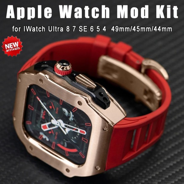49MM Luxury Stainless Steel Case Modification Kit for Apple Watch Ultra 2 45mm 44mm Metal Case Rubber Strap IWatch 9 8 7 6 5 SE