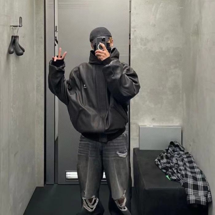Balenciaga NIGO Leather Zip Hooded Jacket #nigo94233