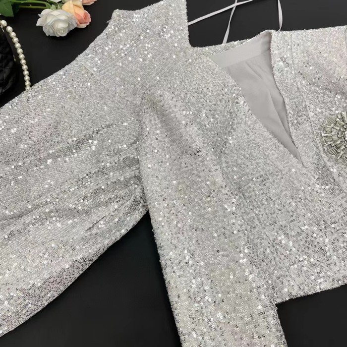 Balmain NIGO Summer Silver Sequin Coat Dress Set #nigo56842