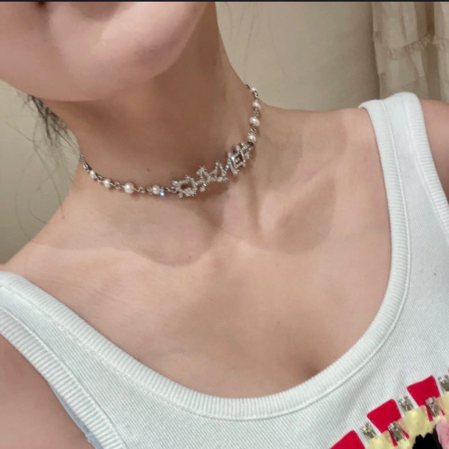 Chanel Silver Pearl Patchwork Chain Necklace #nigo57363