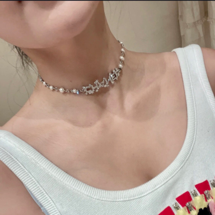 Chanel Silver Pearl Patchwork Chain Necklace #nigo57363