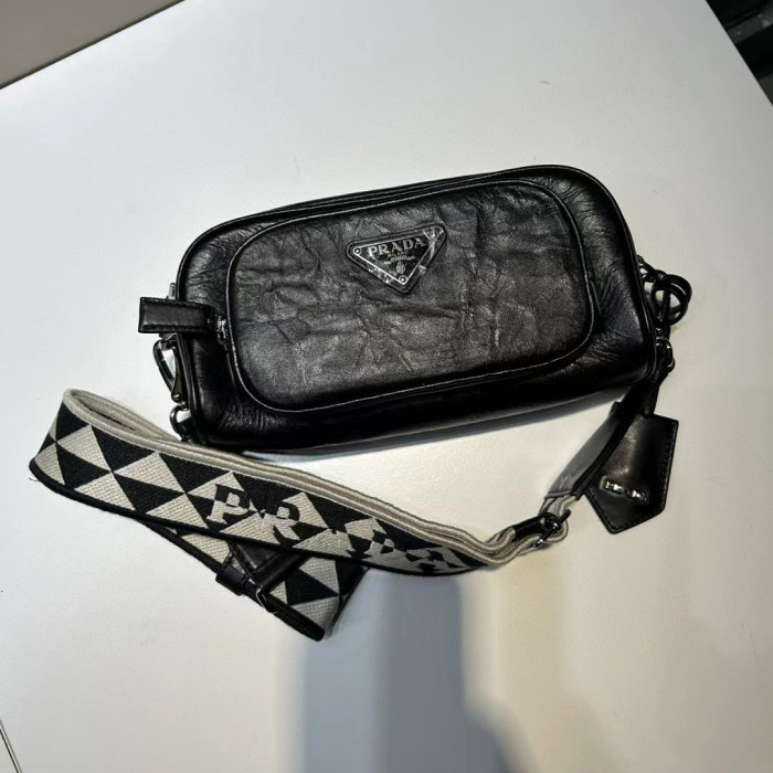 Prada NIGO Black Leather Long Shoulder Strap Crossbody Bag #nigo57423