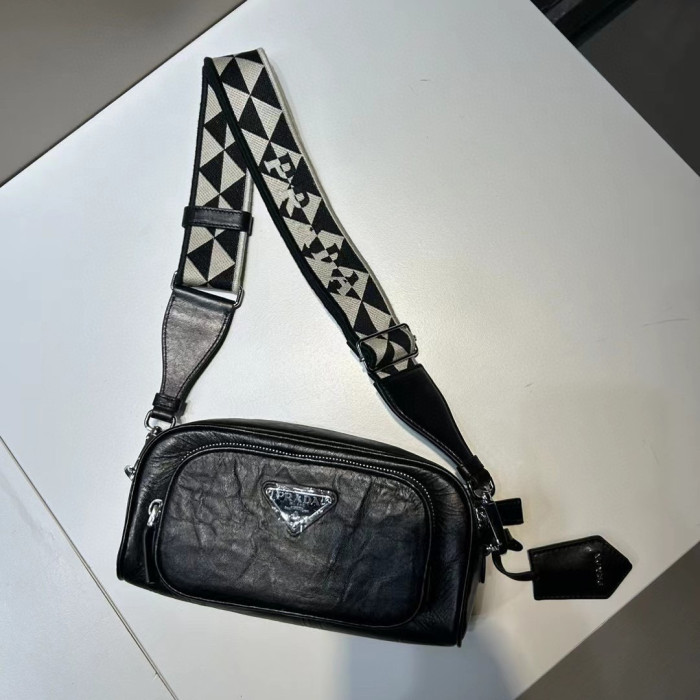 Prada NIGO Black Leather Long Shoulder Strap Crossbody Bag #nigo57423
