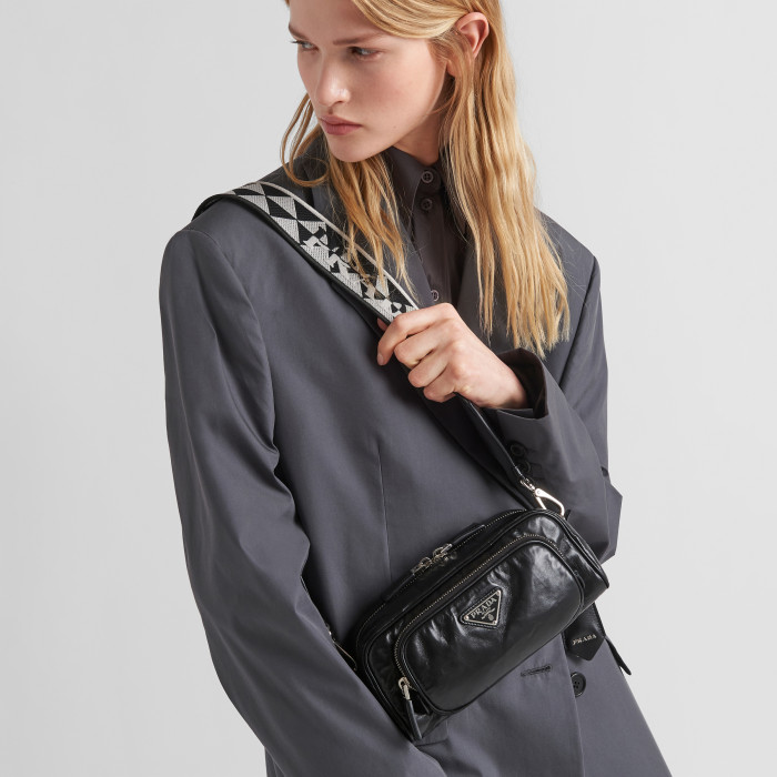 Prada NIGO Black Leather Long Shoulder Strap Crossbody Bag #nigo57423
