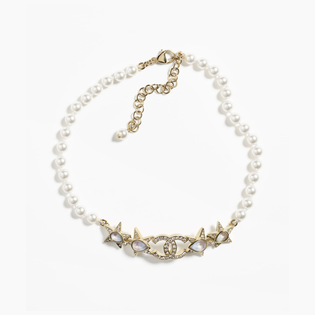Chanel Women's Gold Pearl Patchwork Decorative Necklace #nigo57236