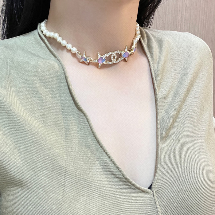 Chanel Women's Gold Pearl Patchwork Decorative Necklace #nigo57236