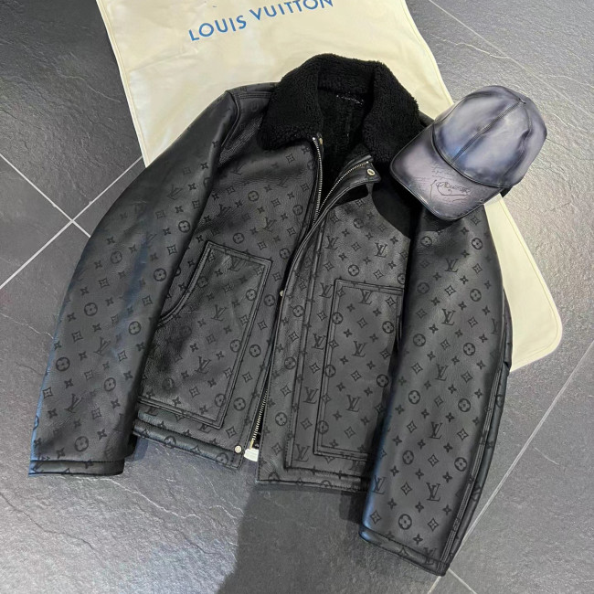 Louis Vuitton NIGO Lamb Fur Collar Patchwork Leather Jacket #nigo6463