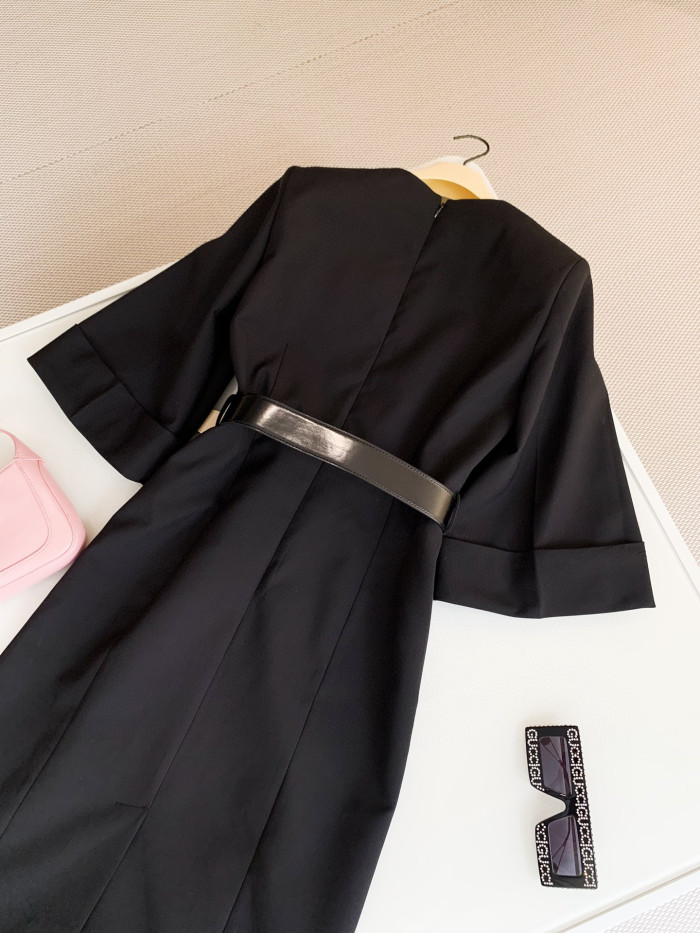 GUCCI Gold Belt Wool Short Sleeve Formal Dress #nigo5727