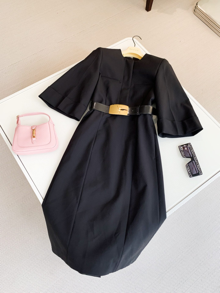 GUCCI Gold Belt Wool Short Sleeve Formal Dress #nigo5727