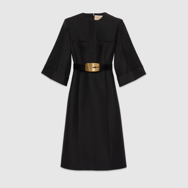 GUCCI Gold Belt Wool Short Sleeve Formal Dress #nigo5727