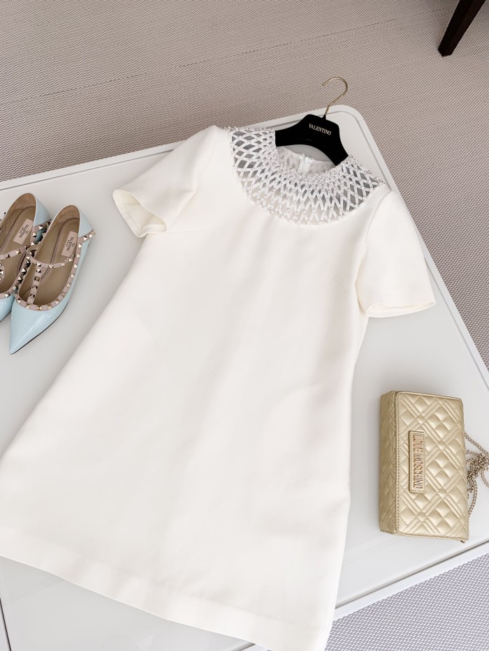 Valentino white hollowed-out round neck diamond short-sleeved dress #nigo21337