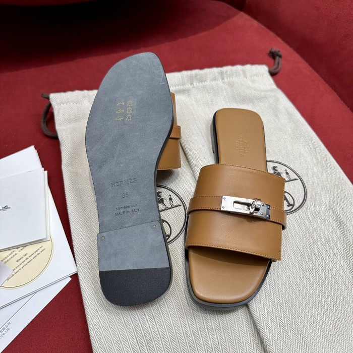 Hermès GIULIA Flat Bottom Summer Cool KELLY Button Slippers Shoes #nigo29154