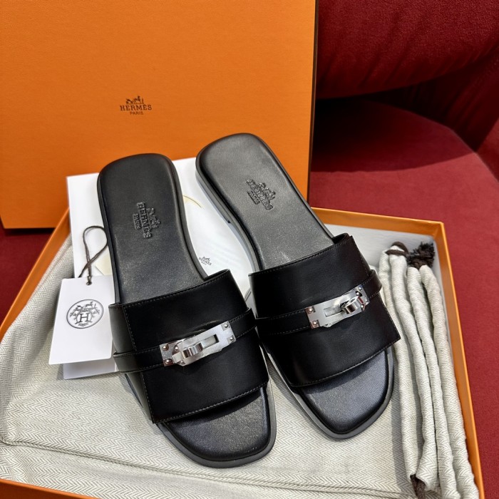 Hermès GIULIA Flat Bottom Summer Cool KELLY Button Slippers Shoes #nigo29154
