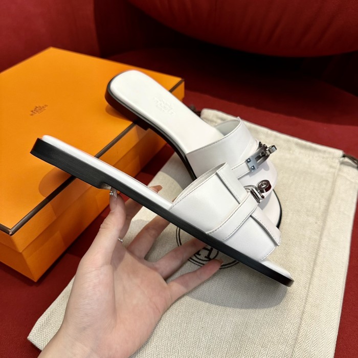 Hermès GIULIA Flat Bottom Summer Cool KELLY Button Slippers Shoes #nigo29154
